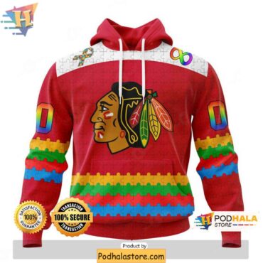 Chicago Blackhawks 3D Hoodie with Autism Awareness Puzzle Piece Design - Podhalastore
