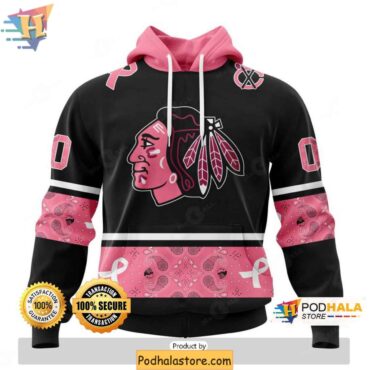 Custom Chicago Blackhawks Hoodie 3D Pink Ribbon Breast Cancer Awareness NHL Merch - Podhalastore