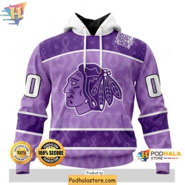 Personalized Chicago Blackhawks 3D Hoodie Lavender NHL Cancer Support Apparel - Podhalastore